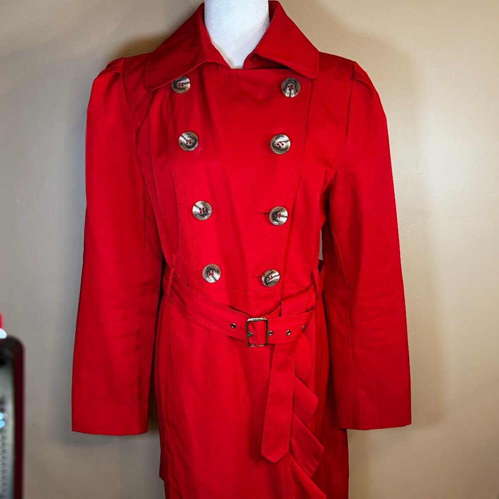 #95 Women's Guess Trench Coat with Ruffle Edge, Red, Size XL